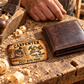 The printed front of the Carpenter Sepia Craft Legacy aluminum wallet card shown in an occupational lifestyle setting with an adult worker.