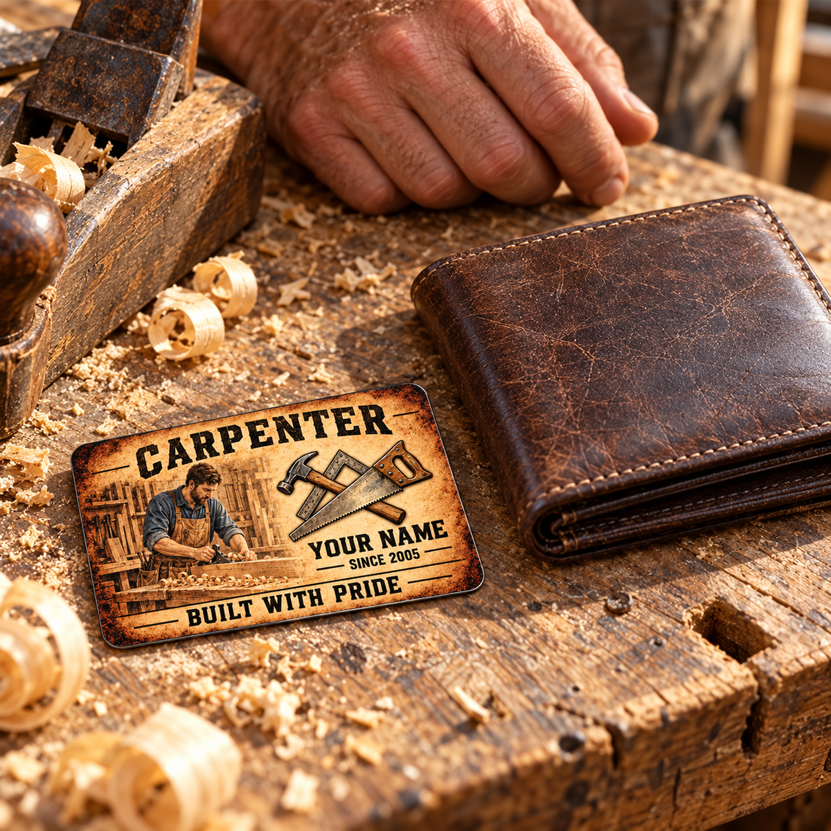 The printed front of the Carpenter Sepia Craft Legacy aluminum wallet card shown in an occupational lifestyle setting with an adult worker.