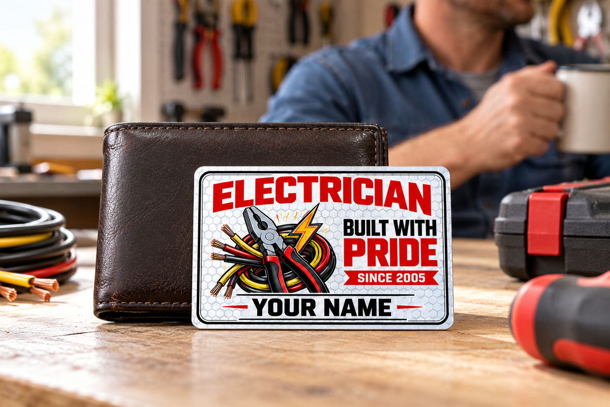 Electrician Honeycomb Pride aluminum wallet card leaning against a closed wallet during a coffee break