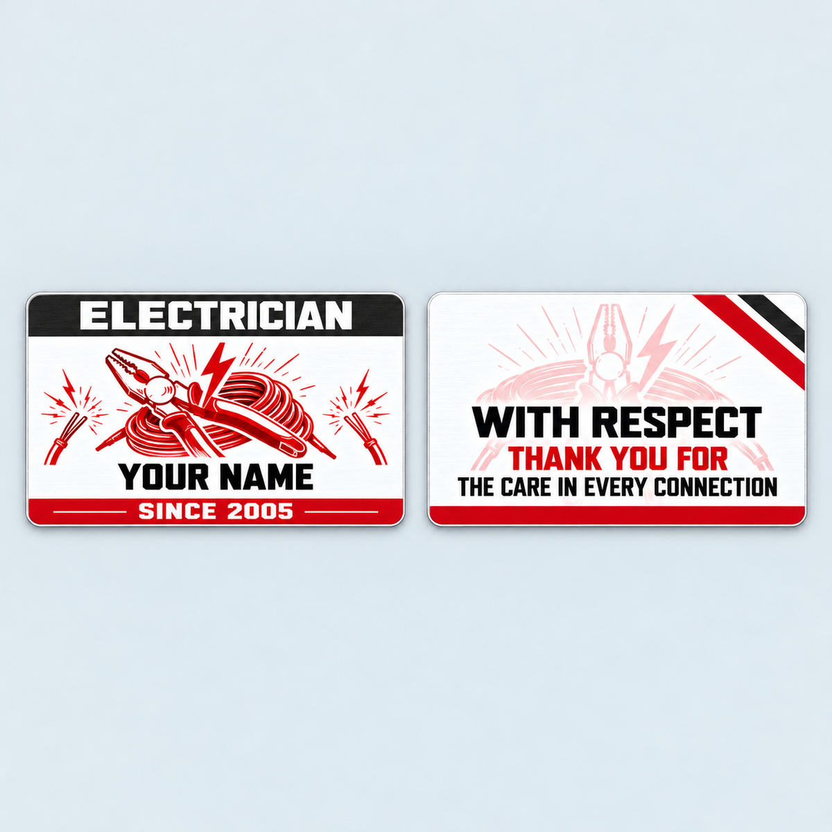 Front and reverse of the Electrician Red Monochrome aluminum wallet card