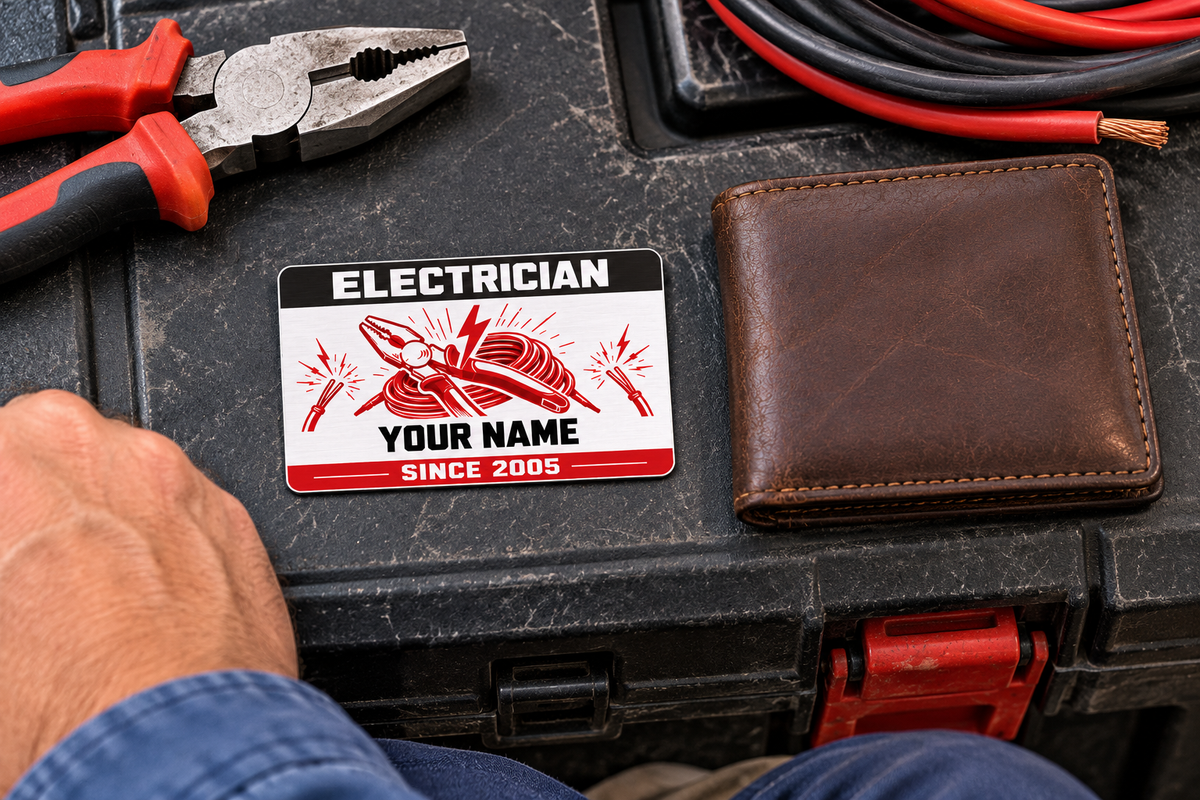 Electrician Red Monochrome wallet card on a toolbox beside pliers, disconnected cable and a closed brown wallet