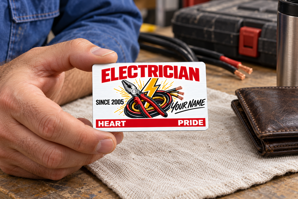 Electrician Signature Classic aluminum wallet card held over pale linen beside a worn wallet