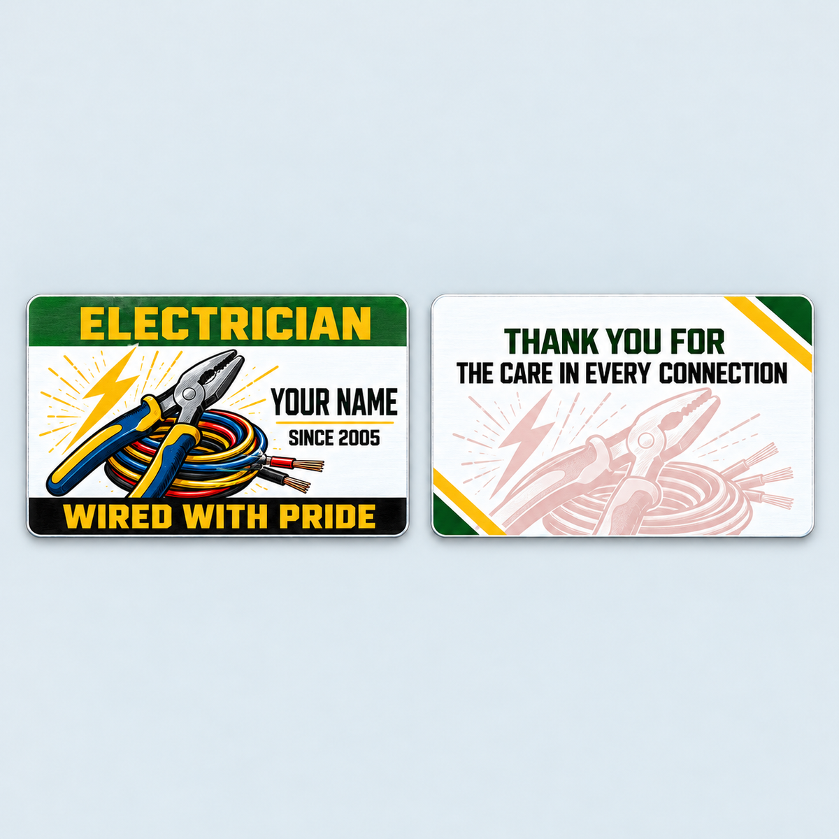 Front and reverse of the Electrician Green Band aluminum wallet card
