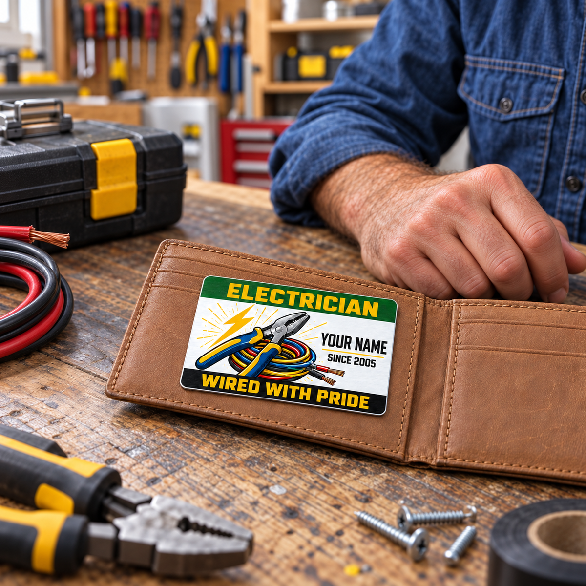 Electrician Green Band wallet card resting on one panel of an open tan leather wallet