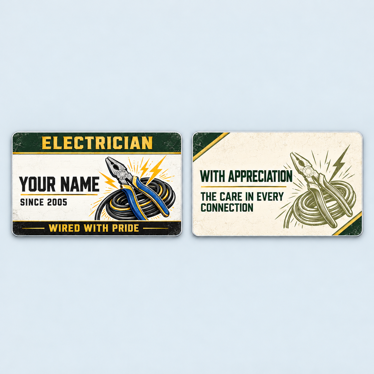 Front and reverse of the Electrician Heritage Band aluminum wallet card