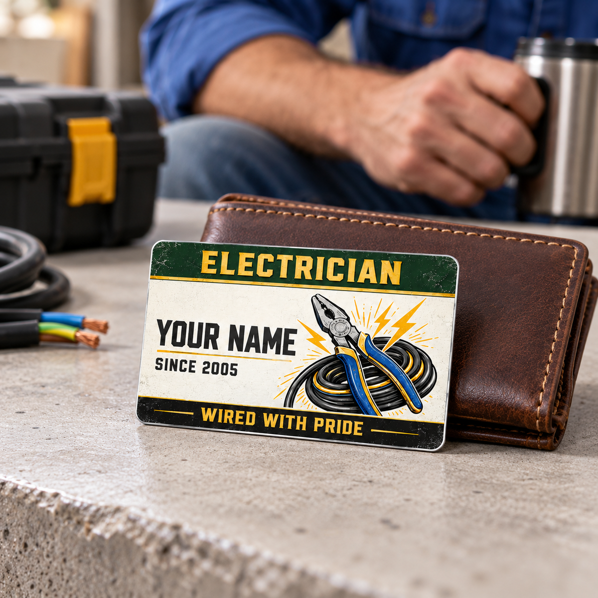 Electrician Heritage Band wallet card leaning against a brown bifold wallet on a pale concrete table