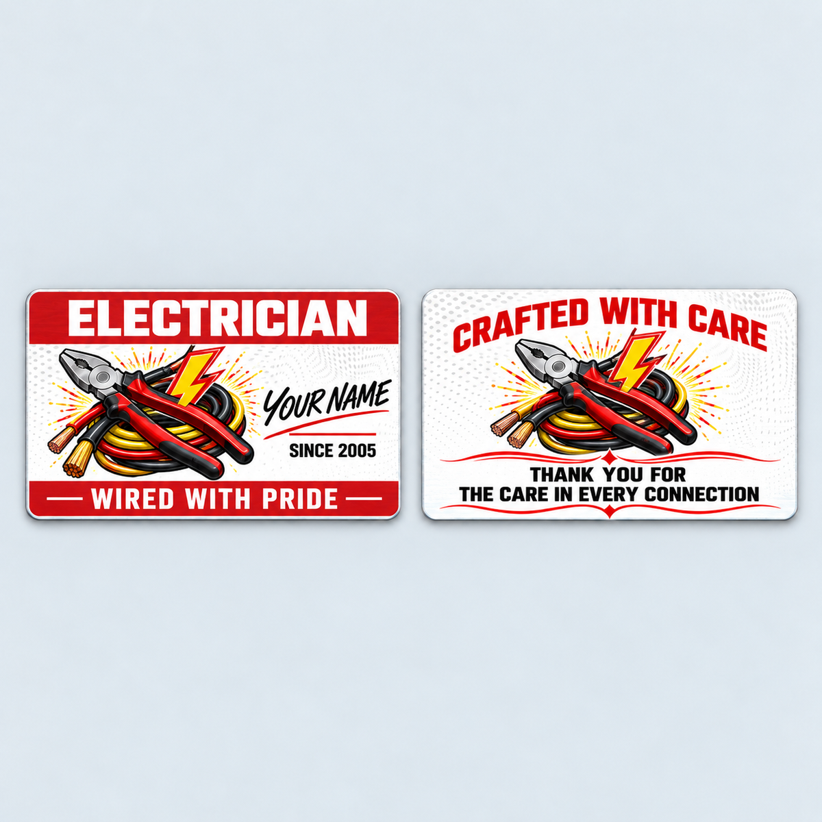 Front and reverse of the Electrician Red Header aluminum wallet card