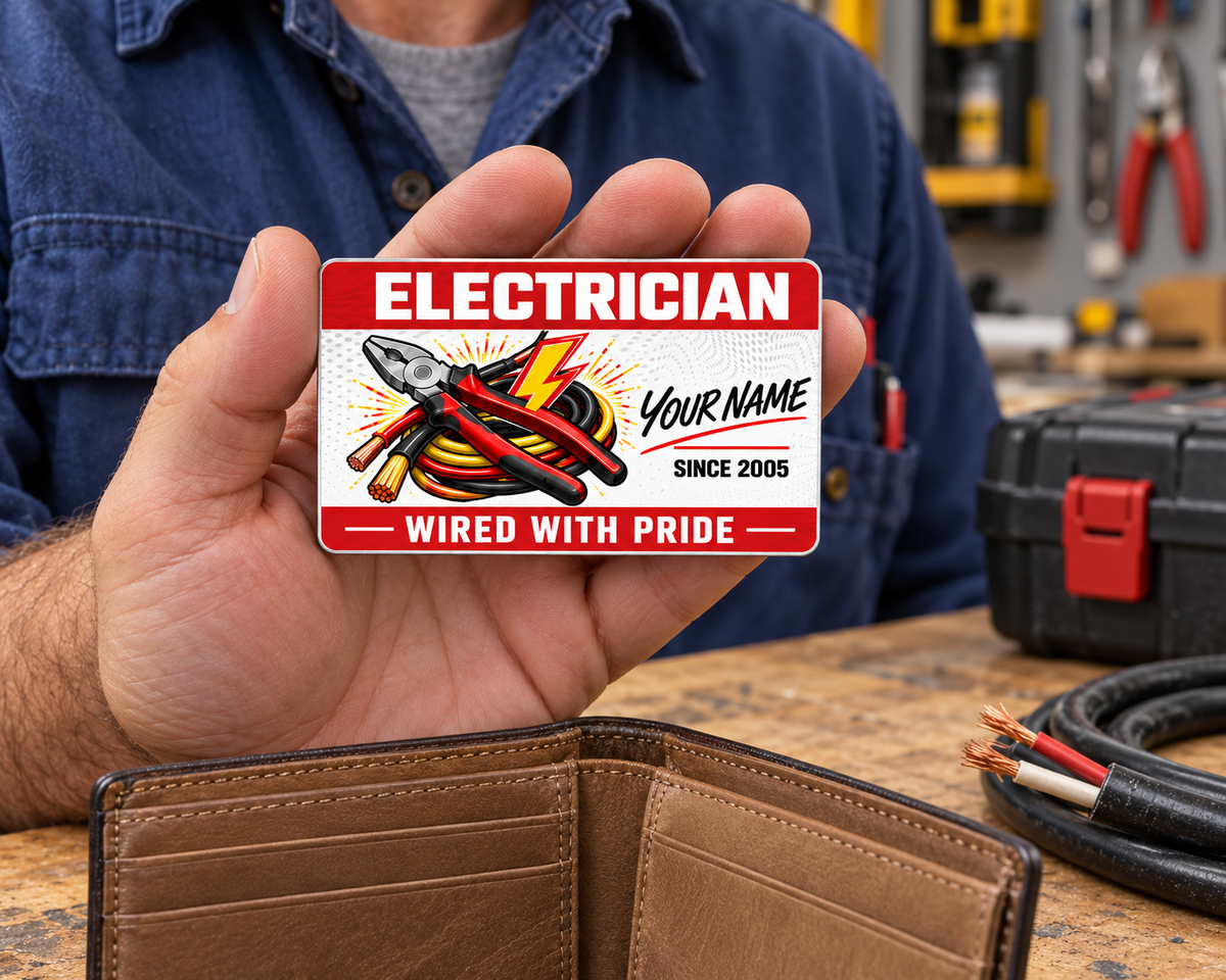 Electrician Red Header aluminum wallet card resting on an open palm above a tan bifold wallet