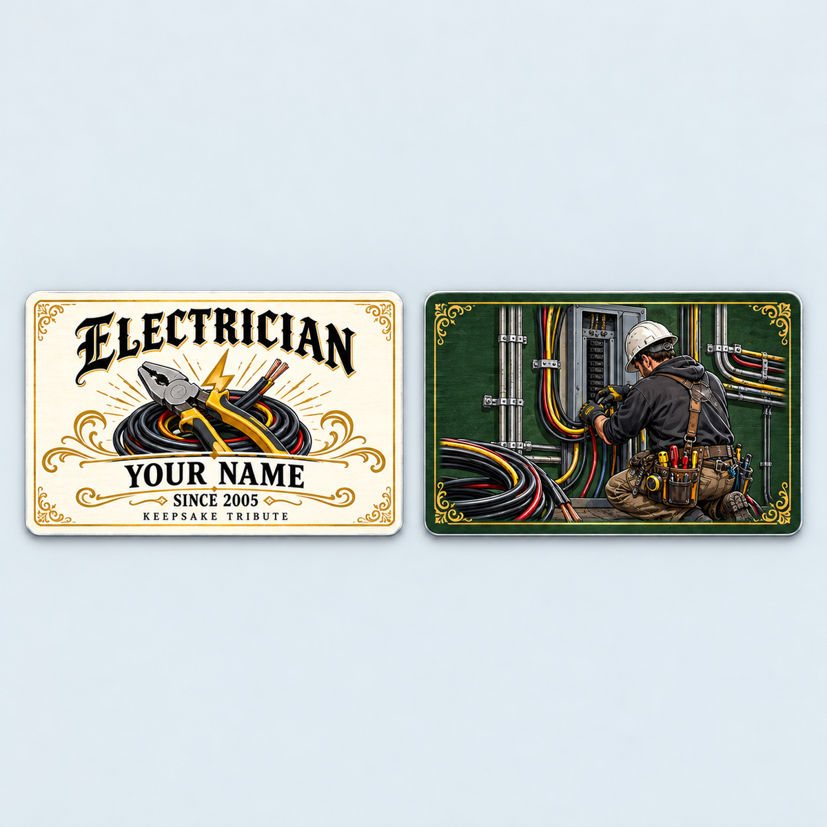 Front and reverse of the Electrician Ivory Heritage aluminum wallet card