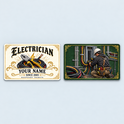 Front and reverse of the Electrician Ivory Heritage aluminum wallet card
