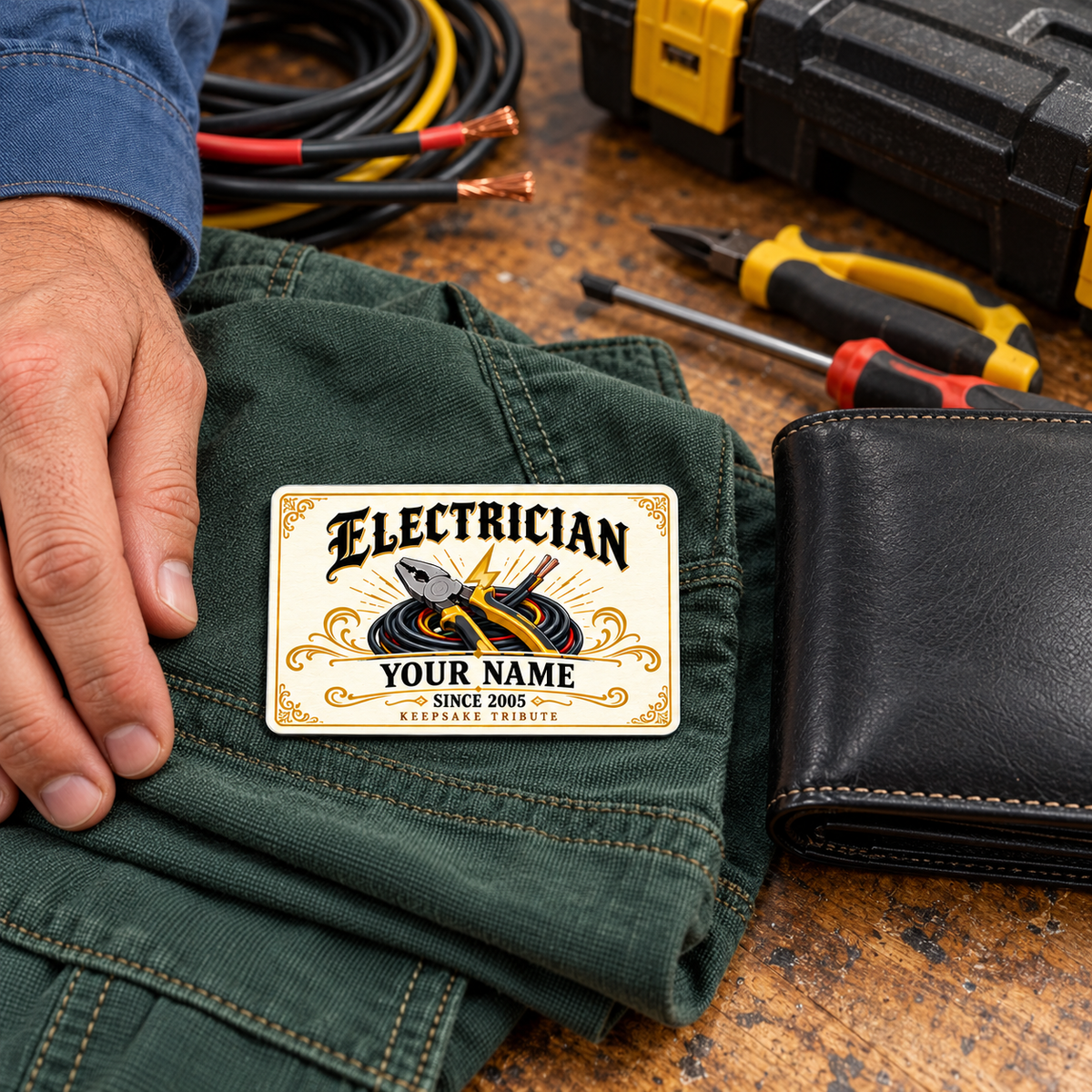 Electrician Ivory Heritage wallet card on folded dark-green work fabric beside a black wallet