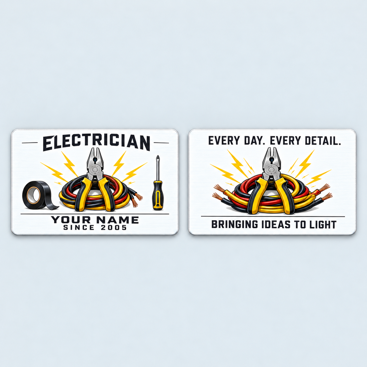 Front and reverse of the Electrician Minimal Tool Grid aluminum wallet card
