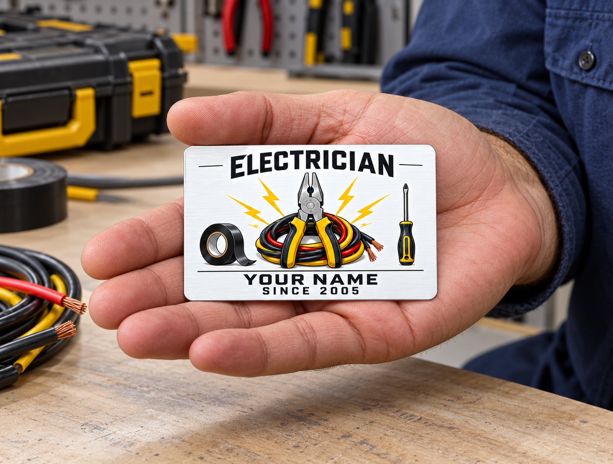 Electrician Minimal Tool Grid wallet card resting on an adult palm at an orderly workbench