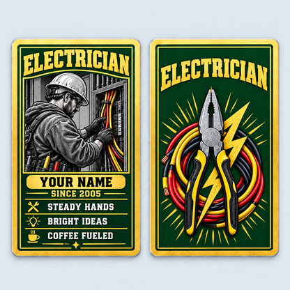 Front and reverse of the Electrician Trade Legend aluminum wallet card