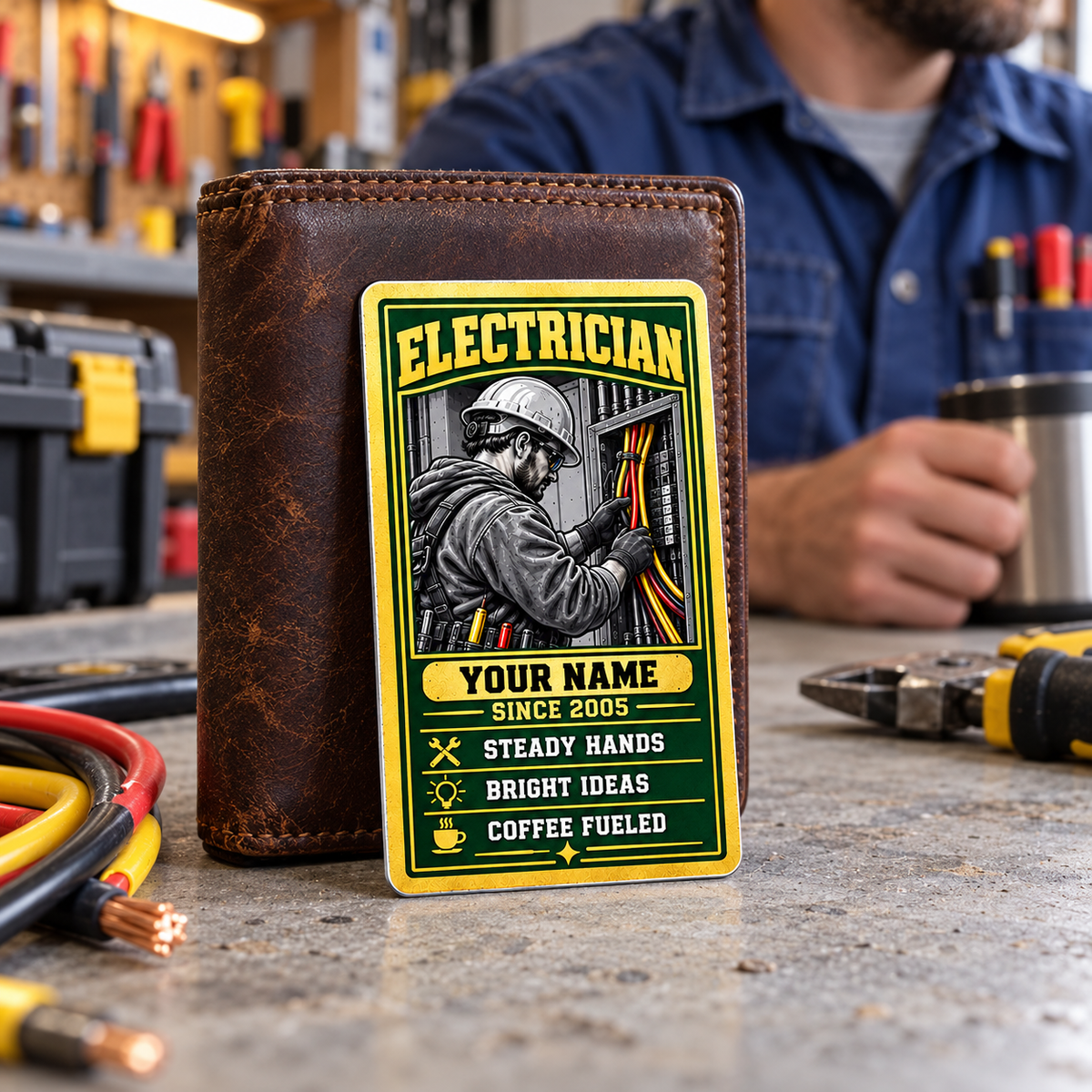 Electrician Trade Legend wallet card leaning against an upright brown wallet during a workshop coffee break