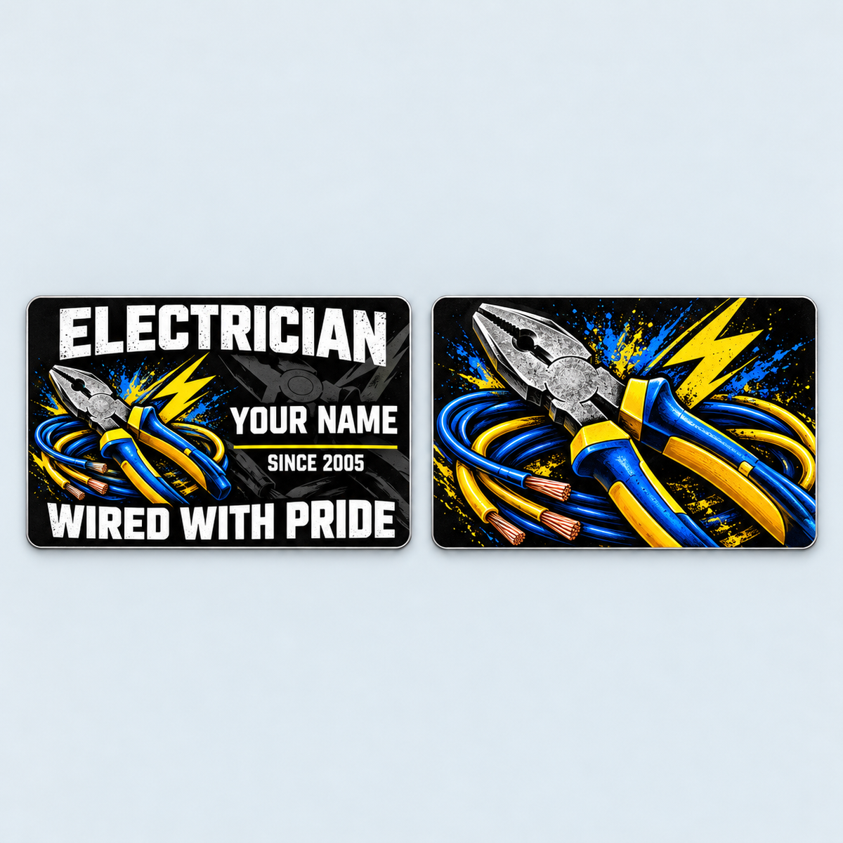 Front and reverse of the Electrician Midnight Pride aluminum wallet card