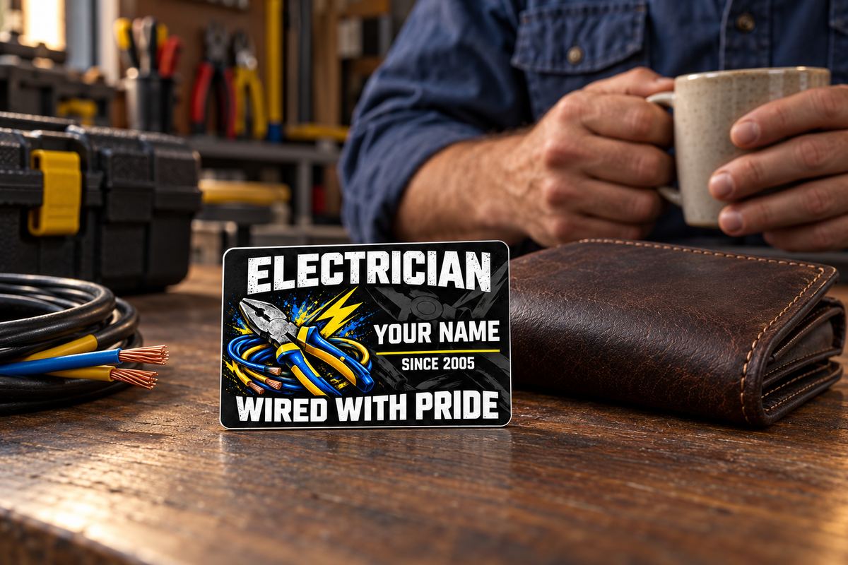 Electrician Midnight Pride wallet card beside a worn brown wallet during a coffee break