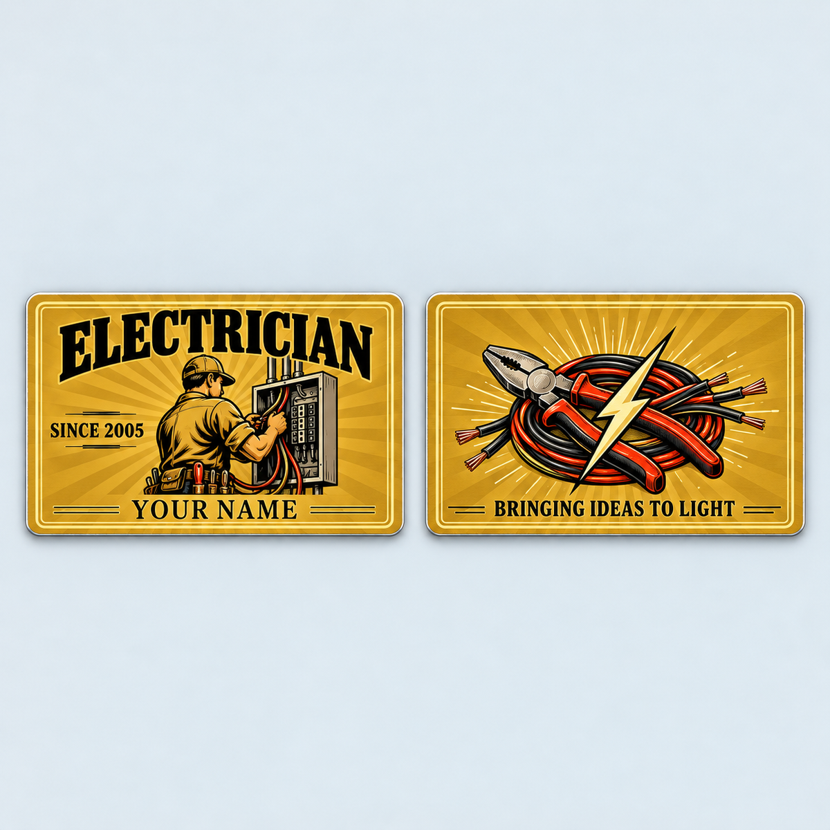 Front and reverse of the Electrician Golden Milestone aluminum wallet card