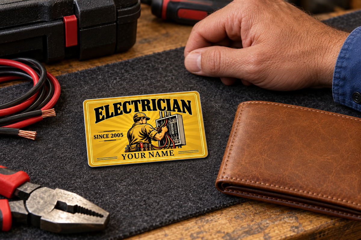 Electrician Golden Milestone wallet card on a felt work mat beside a tan leather wallet