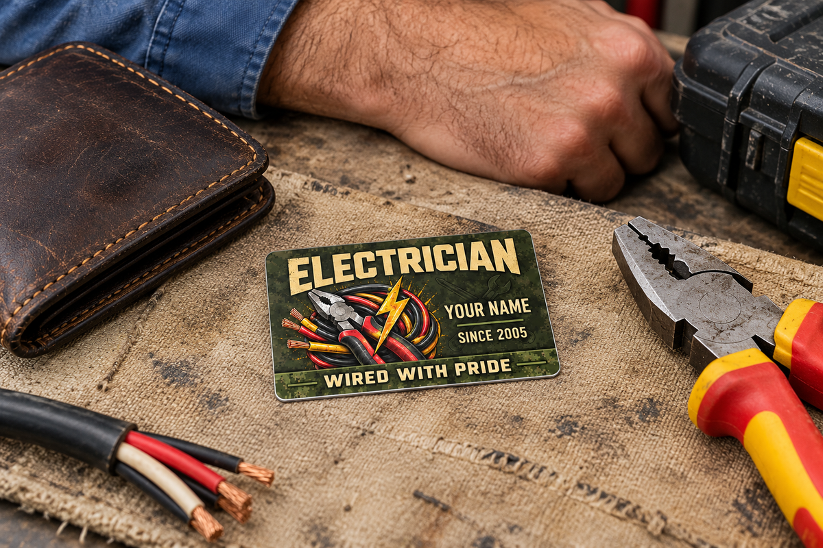 Electrician Rugged Field aluminum wallet card on canvas beside a worn wallet, pliers and disconnected cable