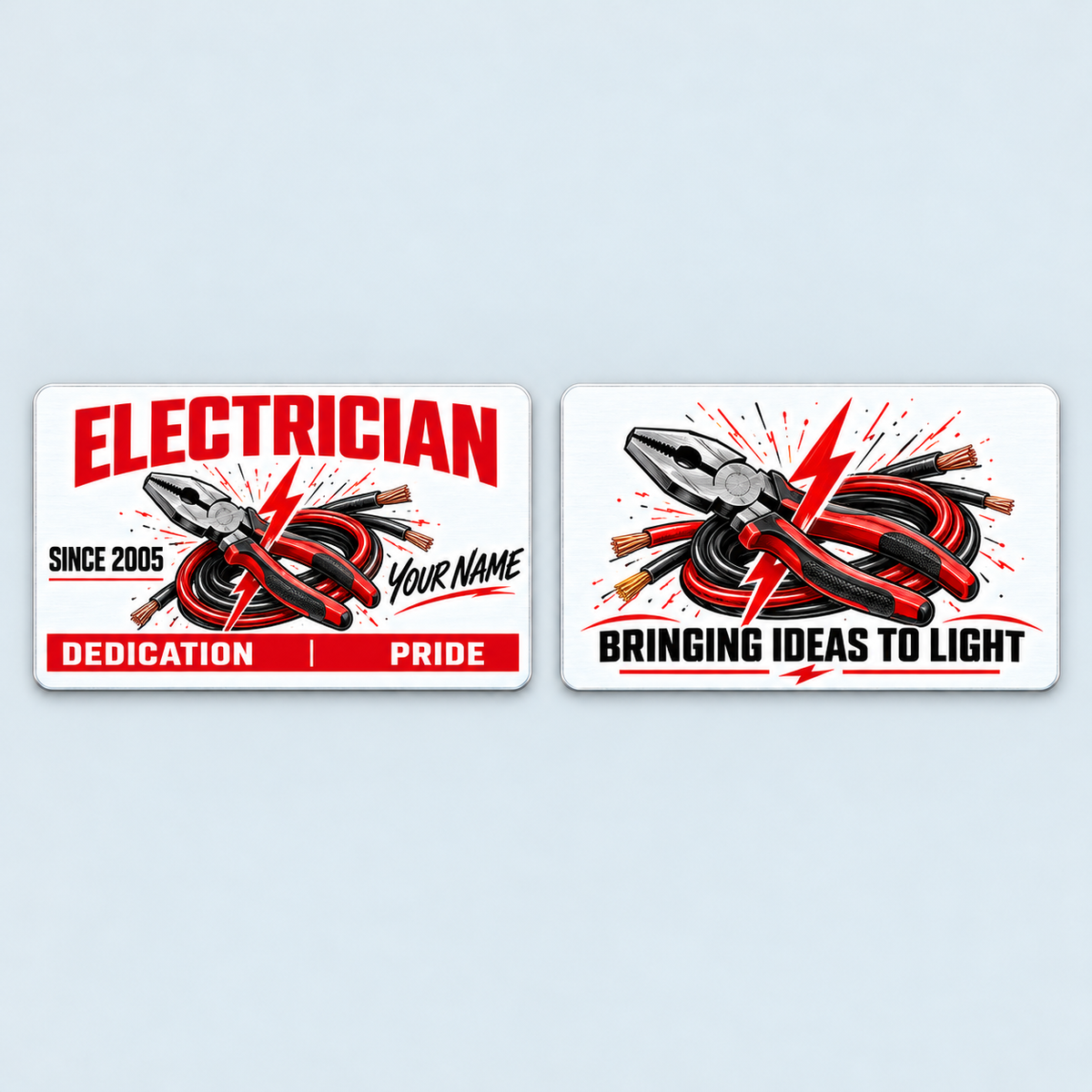Front and reverse of the Electrician Signature Modern aluminum wallet card