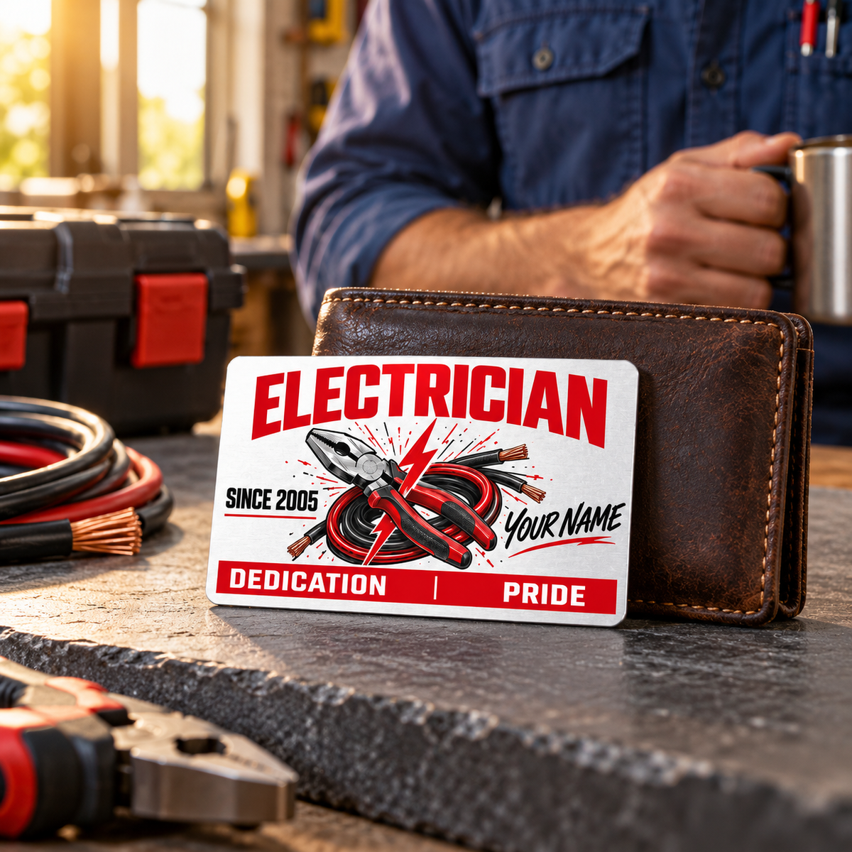 Electrician Signature Modern wallet card leaning against a brown wallet on a slate workbench