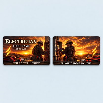 Front and reverse of the Electrician Sunset Workday aluminum wallet card