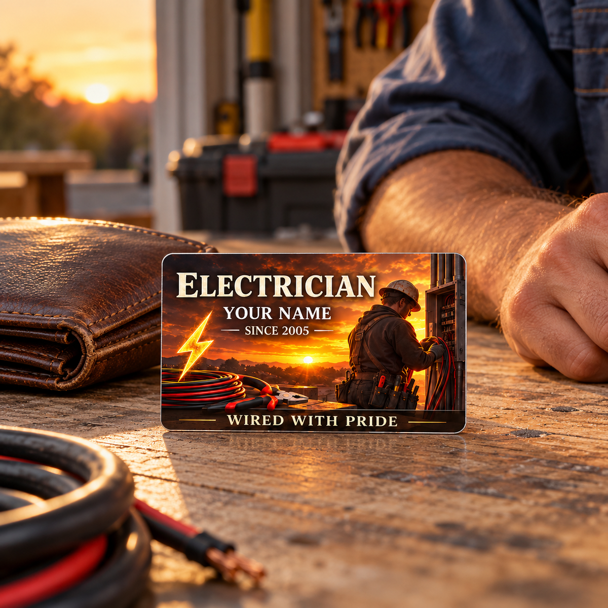 Electrician Sunset Workday wallet card beside a leather wallet in a golden-hour workshop