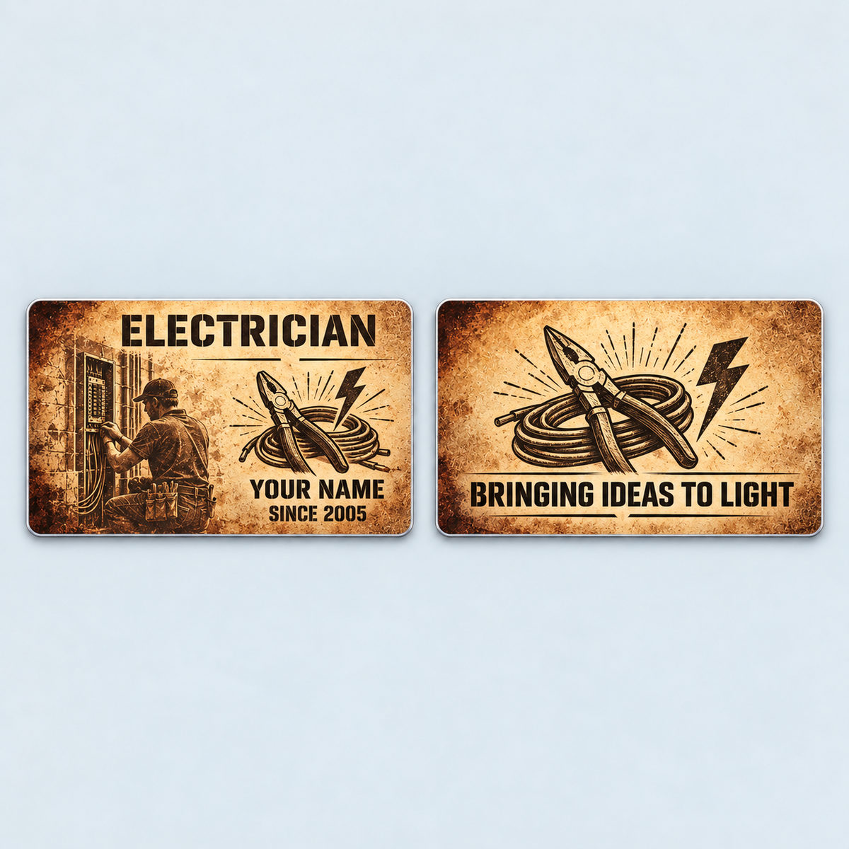 Front and reverse of the Electrician Sepia Legacy aluminum wallet card