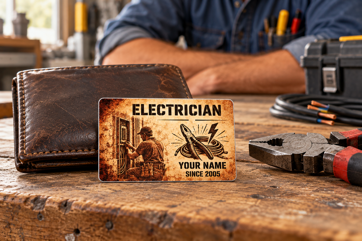 Electrician Sepia Legacy aluminum wallet card leaning against a worn brown wallet on a timber workbench