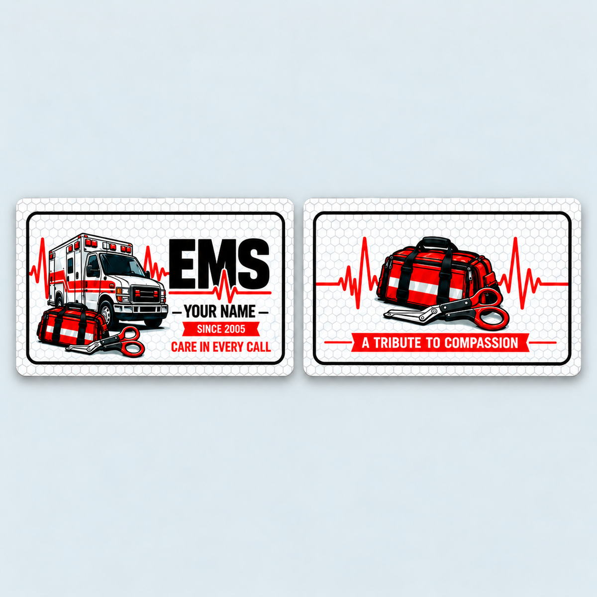 EMS Honeycomb Pride aluminum keepsake wallet card, front and reverse views. A white honeycomb field and rounded black frame surround ambulance and response-tool artwork with bold EMS lettering and red accents.