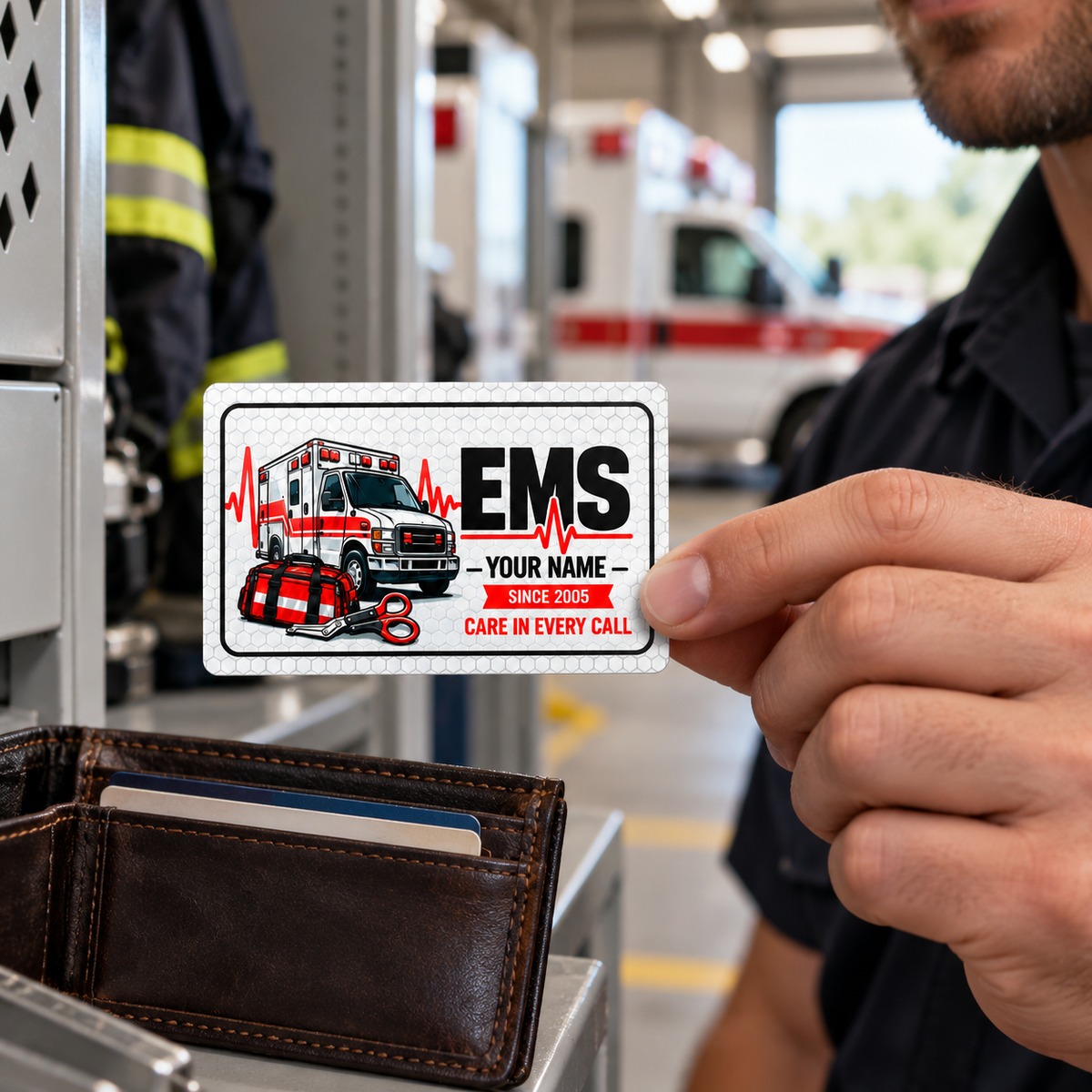 Adult male responder holding the Honeycomb Pride EMS card by its edge at a station locker, above an open brown wallet.