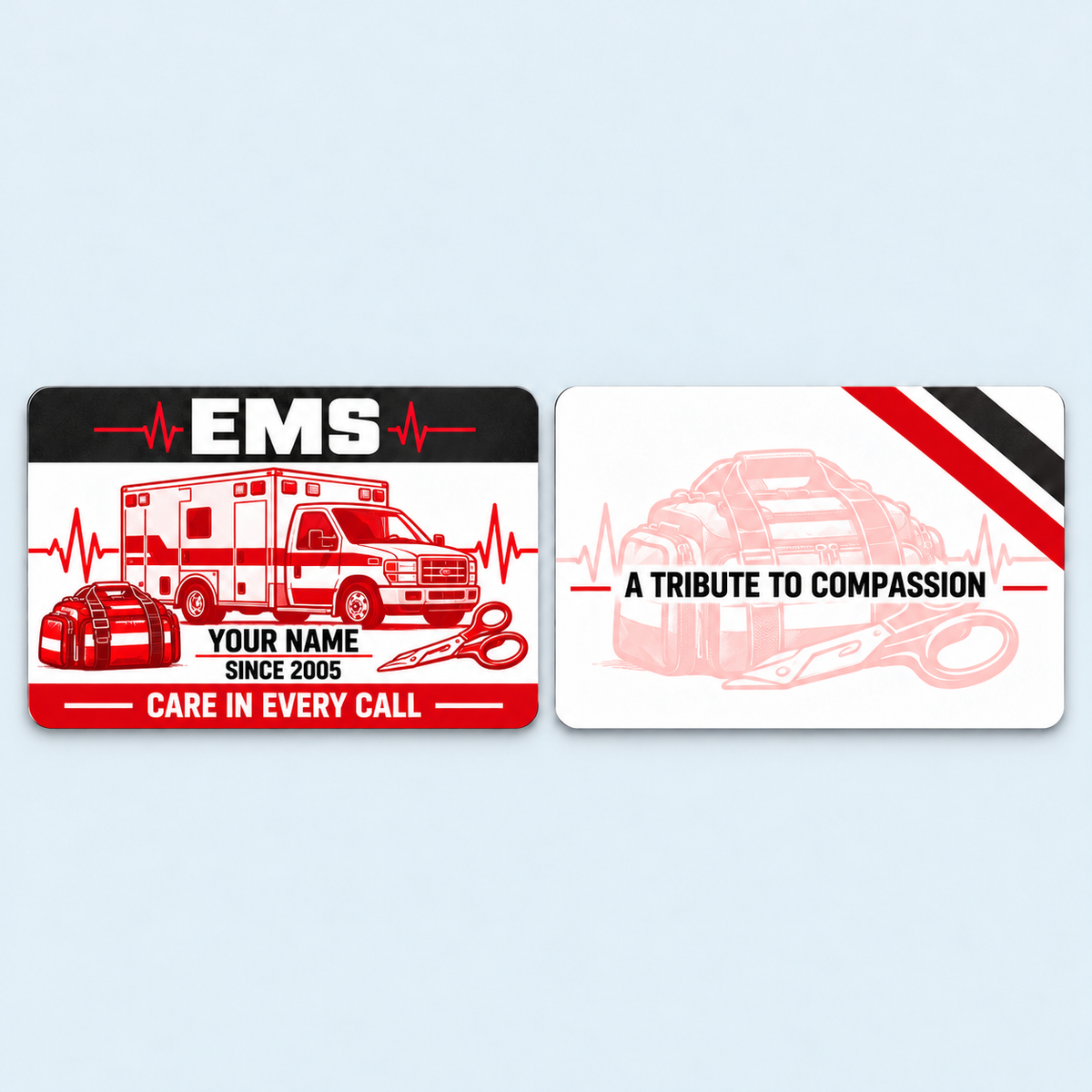 EMS Red Monochrome aluminum keepsake wallet card, front and reverse views. A bold red, white and charcoal EMS keepsake featuring monochrome ambulance and response-tool artwork with a compassionate dedication on the reverse.