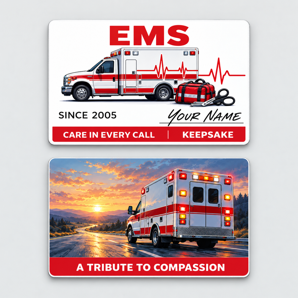 EMS Signature Classic aluminum keepsake wallet card, front and reverse views. An ambulance and response tools sit beneath a wide red EMS title, with a script-style name and a sunset ambulance illustration on the reverse.