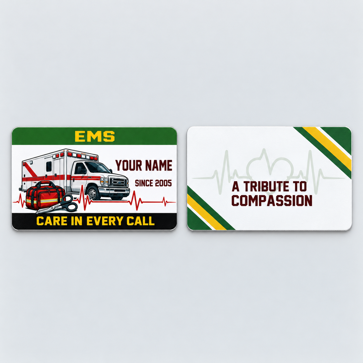 EMS Green Band aluminum keepsake wallet card, front and reverse views. Green, yellow and black bands frame an ambulance and response tools, with a pale heart-and-heartbeat tribute design on the reverse.