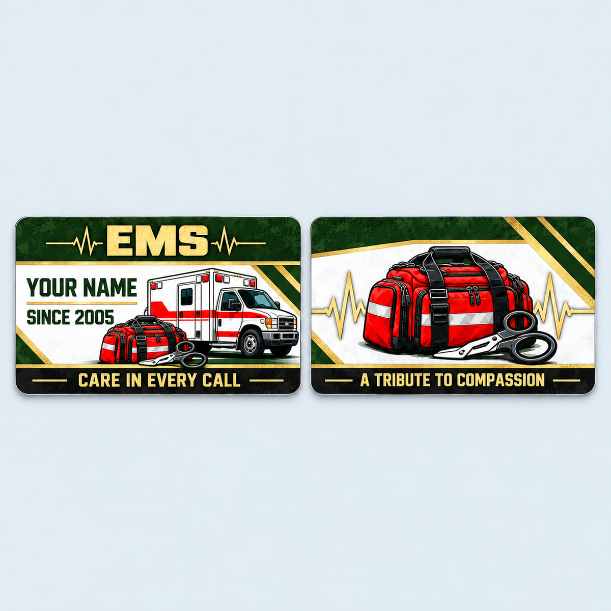 EMS Heritage Band aluminum keepsake wallet card, front and reverse views. A forest-green and gold EMS keepsake with crisp white panels, ambulance and response-kit artwork, and a tribute to everyday compassion.