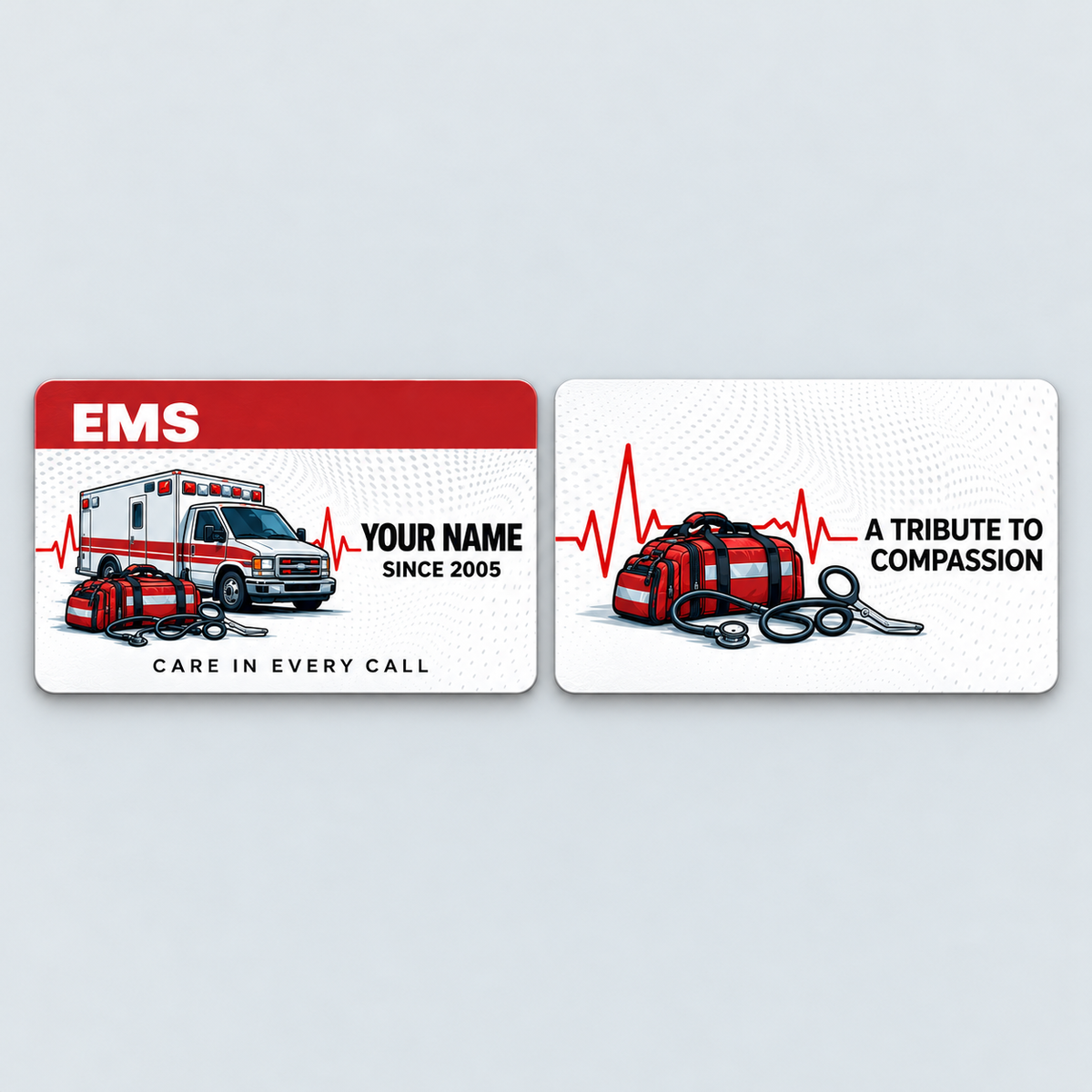 EMS Red Header aluminum keepsake wallet card, front and reverse views. A red title band and pale dotted waves frame an ambulance, response bag, stethoscope and heartbeat illustration.
