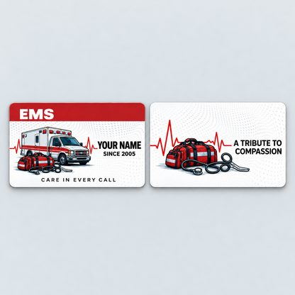 EMS Red Header aluminum keepsake wallet card, front and reverse views. A red title band and pale dotted waves frame an ambulance, response bag, stethoscope and heartbeat illustration.