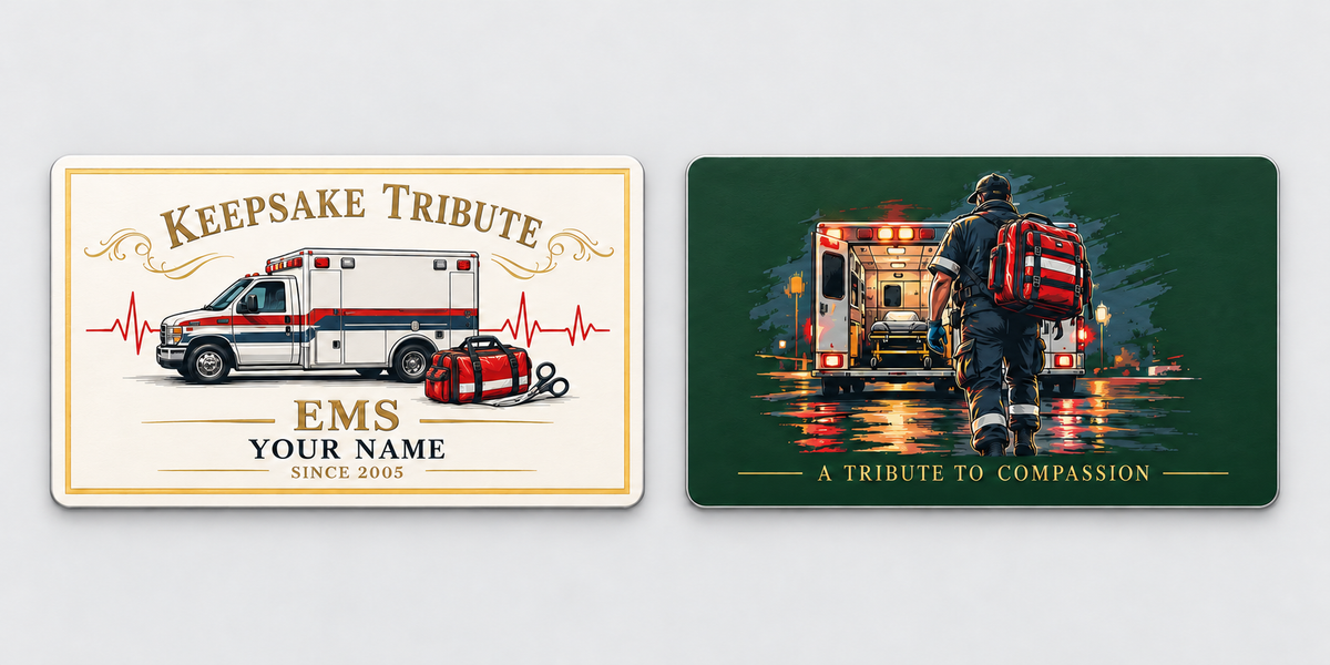 EMS Ivory Heritage aluminum keepsake wallet card, front and reverse views. An ivory-and-gold keepsake tribute frames ambulance artwork, while the deep-green reverse shows a responder approaching an ambulance.