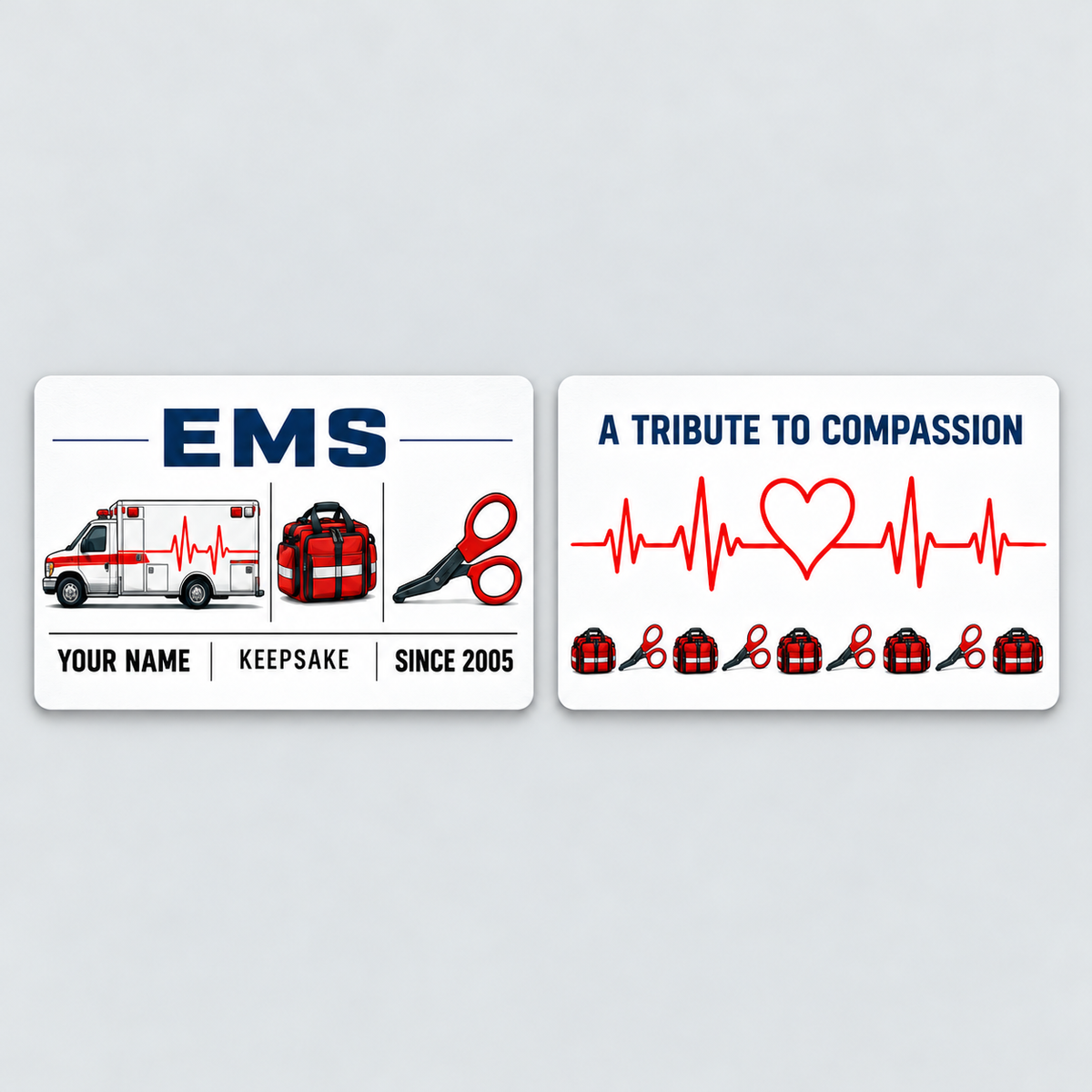 EMS Minimal Tool Grid aluminum keepsake wallet card, front and reverse views. A clean three-column arrangement presents an ambulance, response bag and shears, with a heart and heartbeat dedication on the reverse.