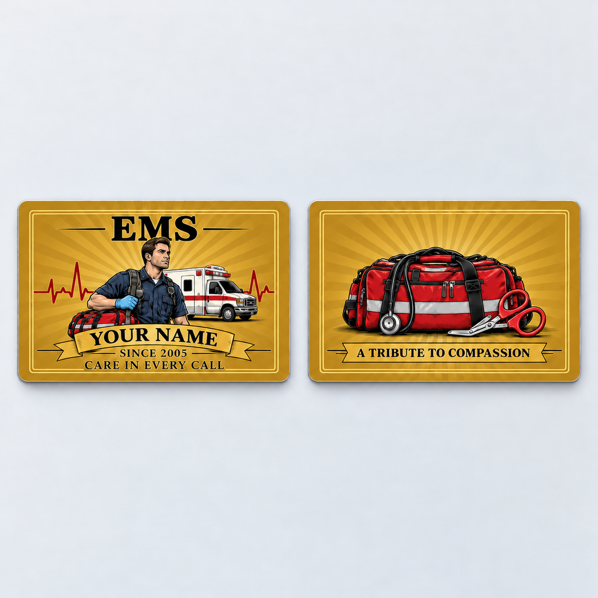 EMS Golden Milestone aluminum keepsake wallet card, front and reverse views. A generic responder and ambulance appear over printed golden sunburst rays, with response tools and a tribute message on the reverse.
