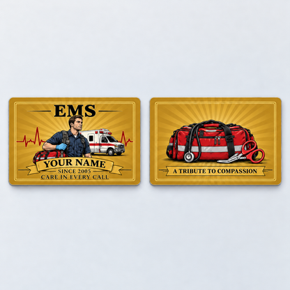 EMS Golden Milestone aluminum keepsake wallet card, front and reverse views. A generic responder and ambulance appear over printed golden sunburst rays, with response tools and a tribute message on the reverse.