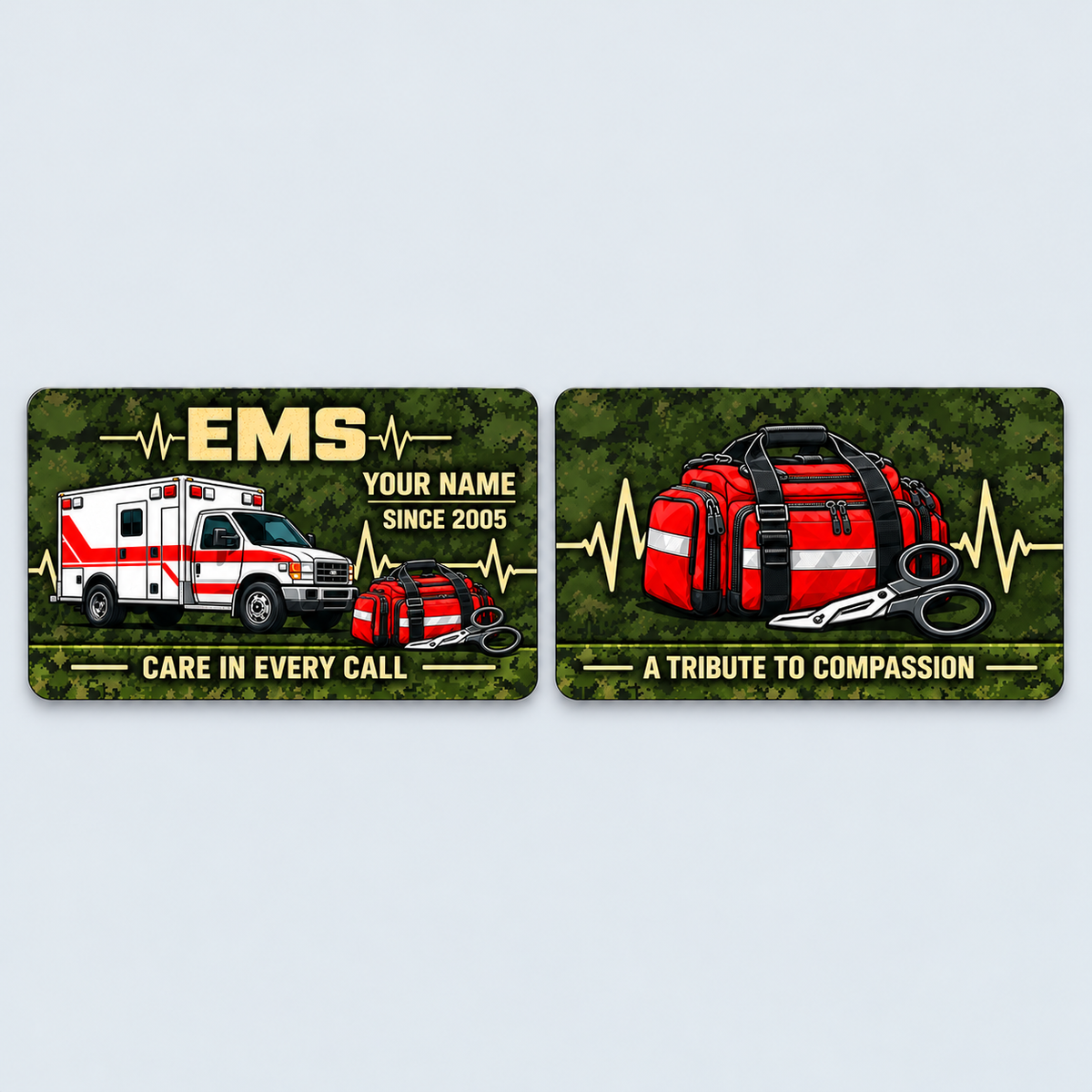 EMS Rugged Field aluminum keepsake wallet card, front and reverse views. An ambulance, response bag, trauma shears and heartbeat line stand out against olive digital camouflage with tan lettering.