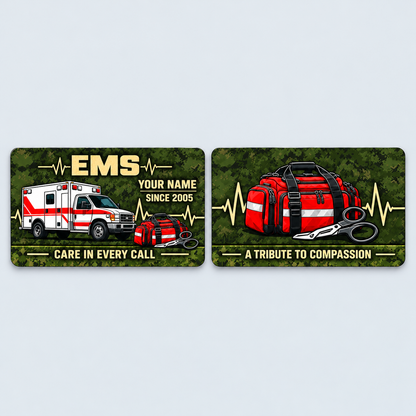 EMS Rugged Field aluminum keepsake wallet card, front and reverse views. An ambulance, response bag, trauma shears and heartbeat line stand out against olive digital camouflage with tan lettering.