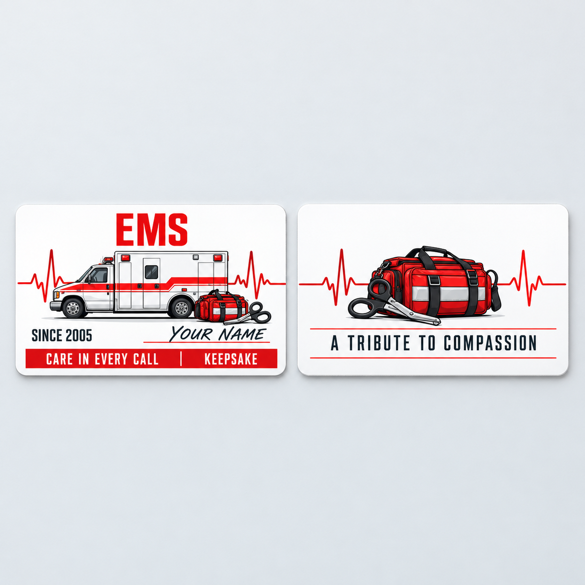 EMS Signature Modern aluminum keepsake wallet card, front and reverse views. Condensed red EMS lettering, an ambulance, response bag and heartbeat line pair with a script-style name and divided red keepsake footer.