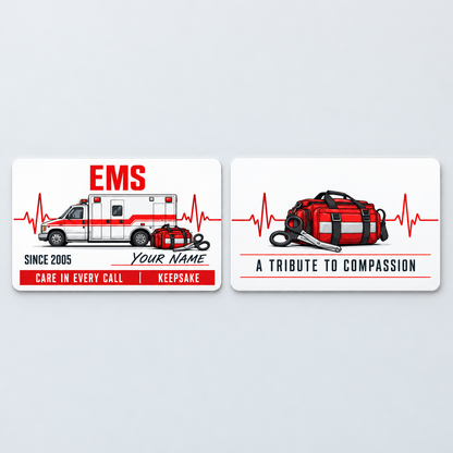 EMS Signature Modern aluminum keepsake wallet card, front and reverse views. Condensed red EMS lettering, an ambulance, response bag and heartbeat line pair with a script-style name and divided red keepsake footer.
