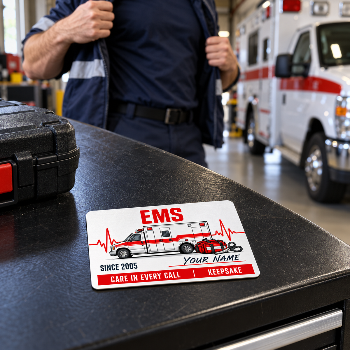 Signature Modern EMS keepsake card lying flat on a dark tool cabinet while an adult responder puts on a jacket nearby.