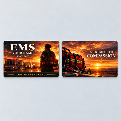 EMS Sunset Workday aluminum keepsake wallet card, front and reverse views. An amber sunset surrounds a responder carrying a bag and an ambulance, paired with a complementary equipment scene and compassion tribute.