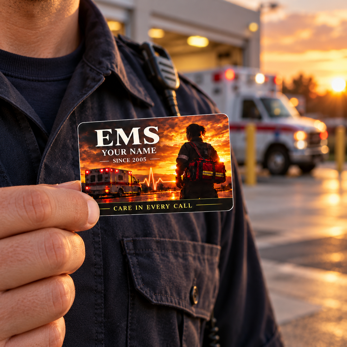 Adult male responder holding the Sunset Workday EMS card beside his shirt pocket outside the station at sunset.