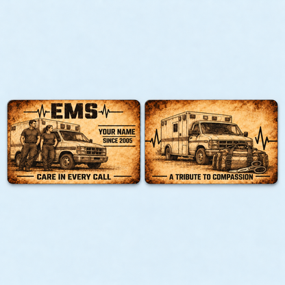 EMS Sepia Legacy aluminum keepsake wallet card, front and reverse views. An archival-inspired EMS keepsake with warm sepia artwork, two responders beside an ambulance, distressed parchment-style printing and a compassionate reverse dedication.
